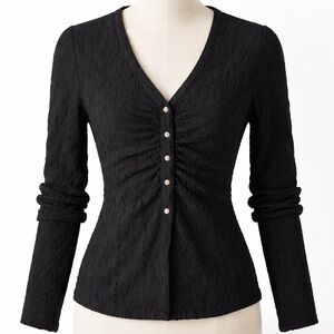 Maeve Anthropologie Black Textured Button Front Blouse XS Long Sleeve Stretch